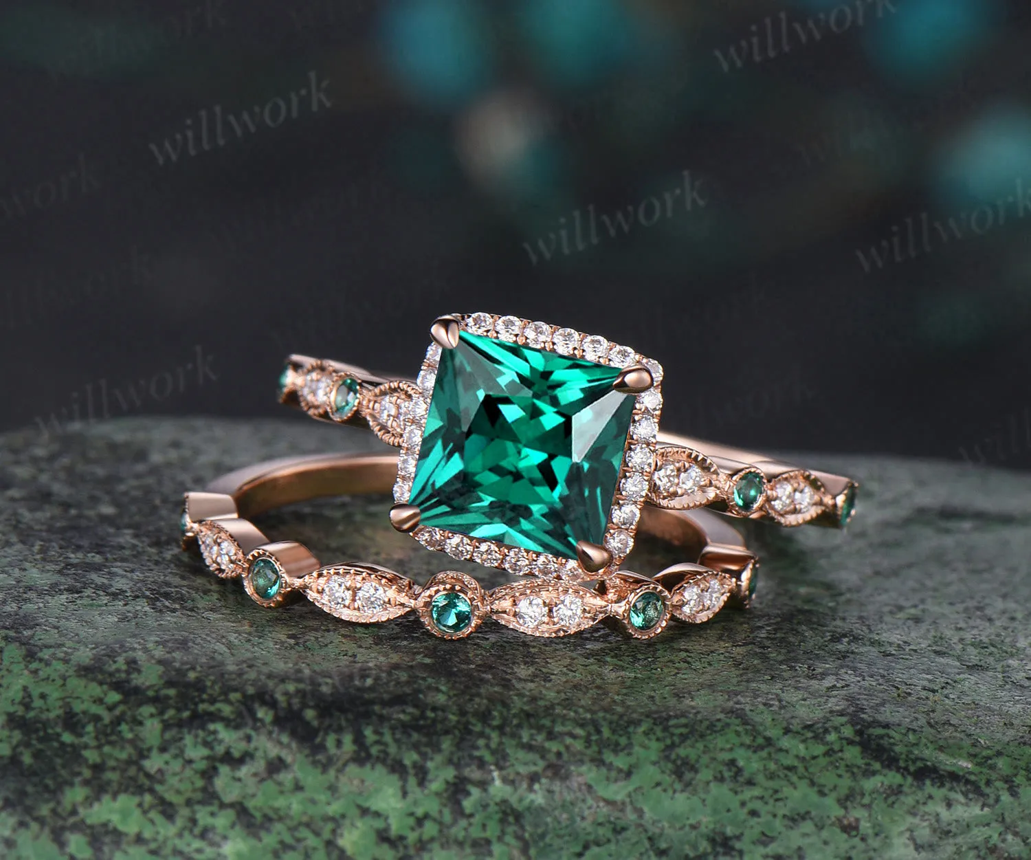 Vintage princess cut green emerald engagement ring rose gold women Milgrain halo half eternity diamond emerald wedding bridal ring set jewelry sold by Willwork Jewelry
