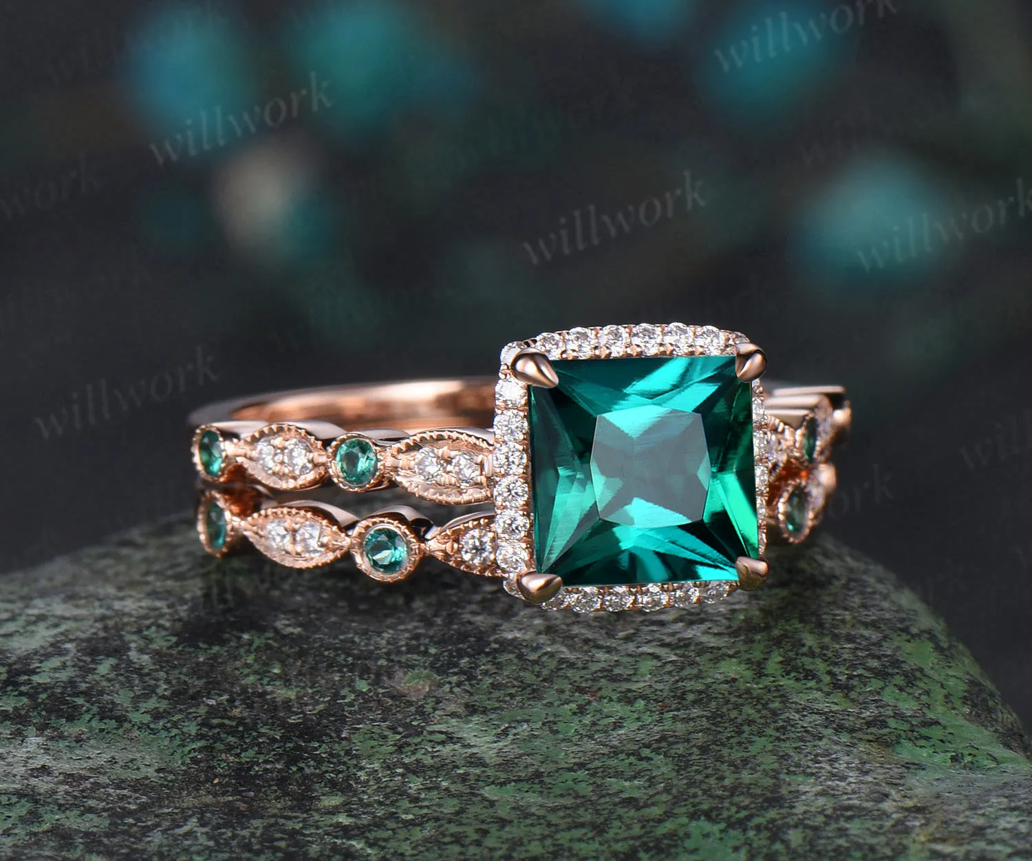 Vintage princess cut green emerald engagement ring rose gold women Milgrain halo half eternity diamond emerald wedding bridal ring set jewelry sold by Willwork Jewelry product image thumbnail 2