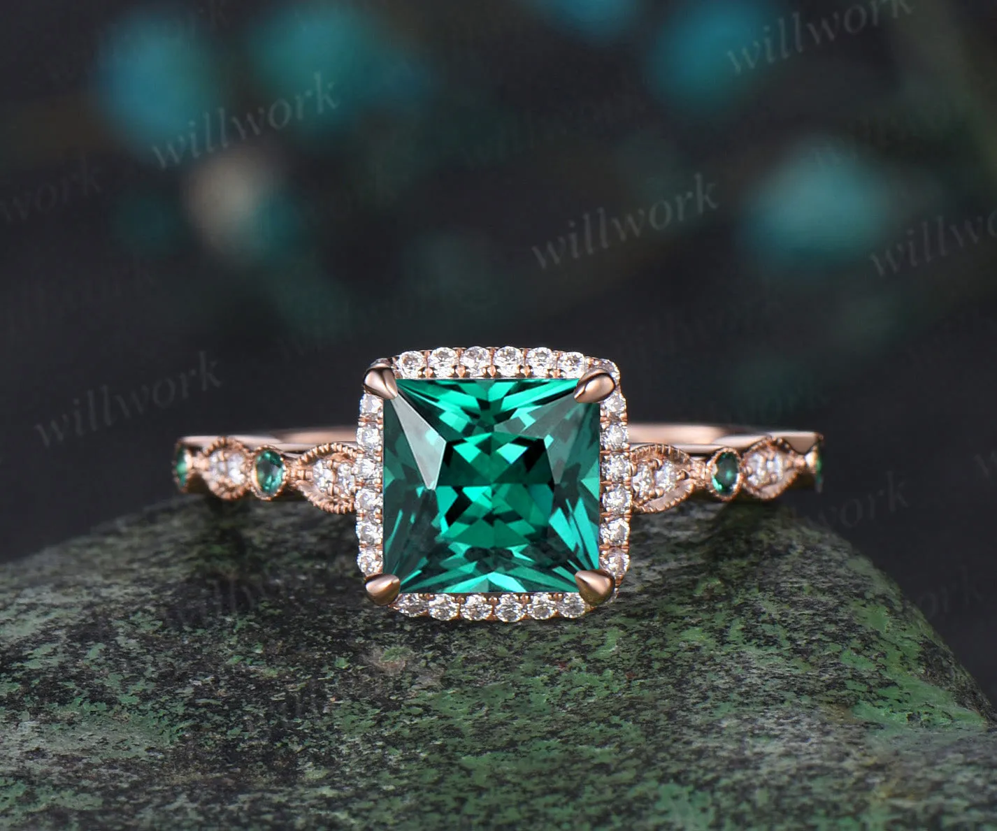 Vintage princess cut green emerald engagement ring rose gold women Milgrain halo half eternity diamond emerald wedding bridal ring set jewelry sold by Willwork Jewelry product image thumbnail 5