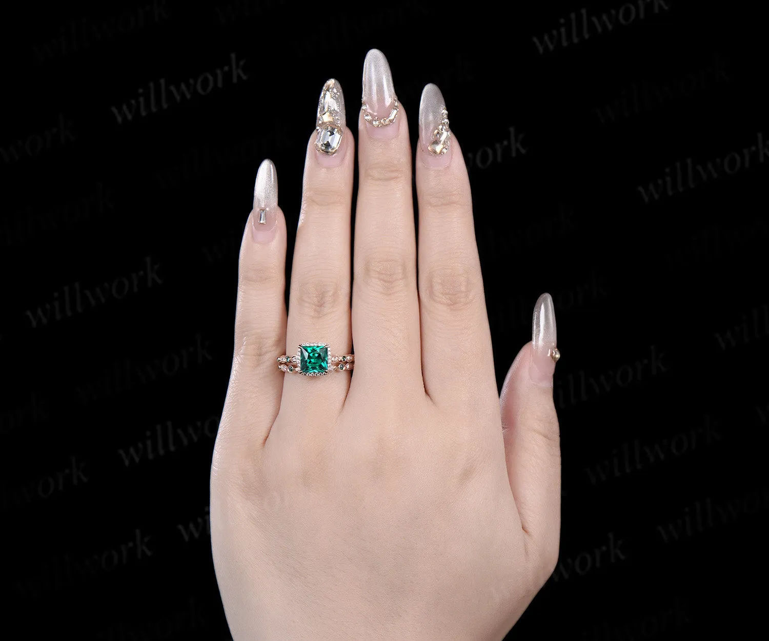 Vintage princess cut green emerald engagement ring rose gold women Milgrain halo half eternity diamond emerald wedding bridal ring set jewelry sold by Willwork Jewelry product image thumbnail 3