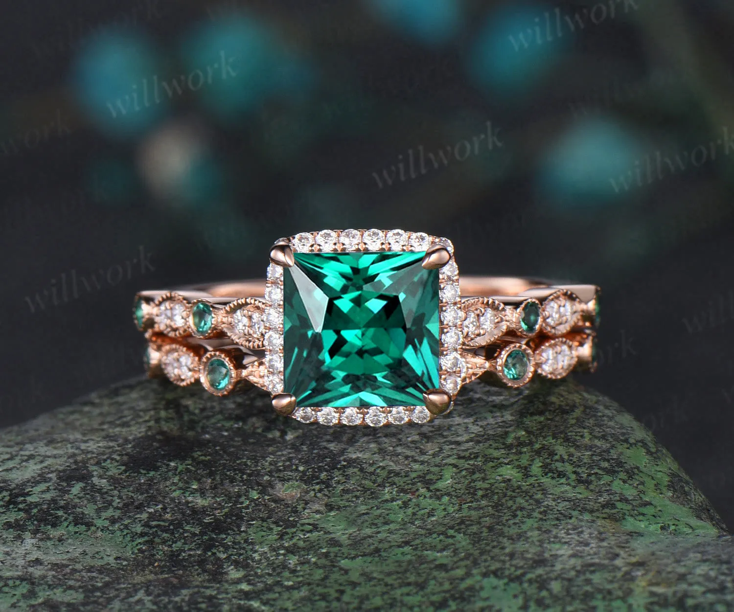 Vintage princess cut green emerald engagement ring rose gold women Milgrain halo half eternity diamond emerald wedding bridal ring set jewelry sold by Willwork Jewelry product image thumbnail 4