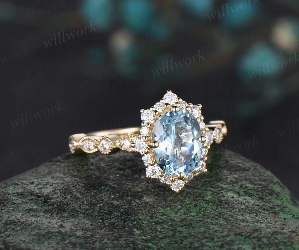 Oval cut aquamarine engagement ring 14k yellow gold Milgrain half eternity snowdrift halo diamond wedding promise ring women jewelry made by Willwork Jewelry
