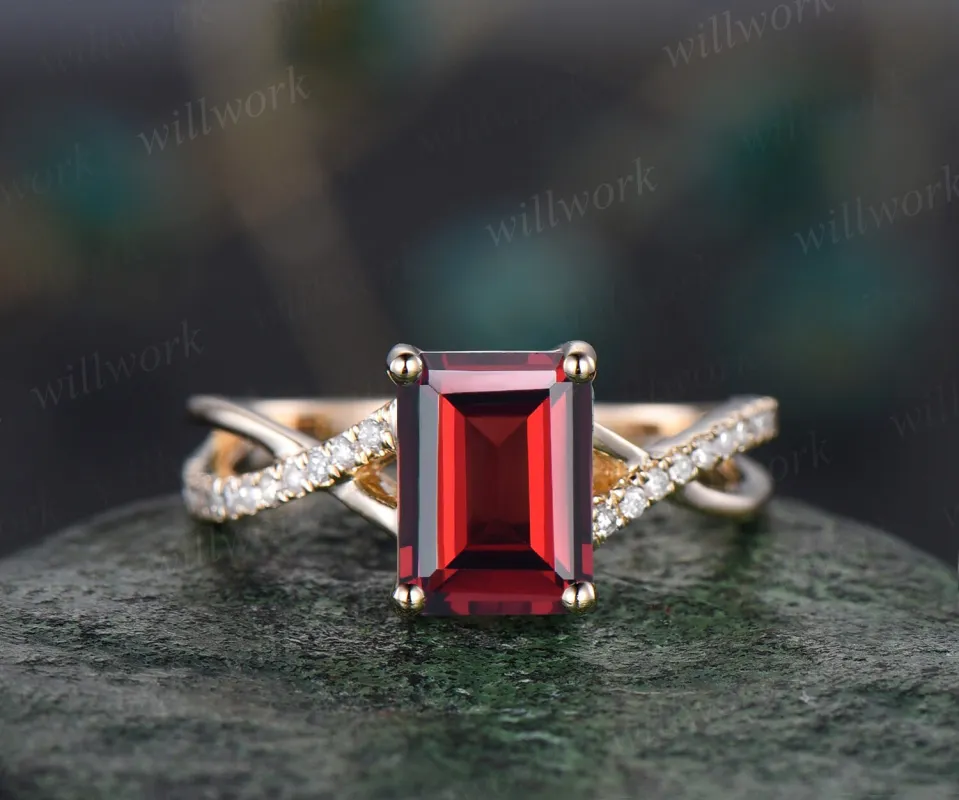 Vintage emerald cut red garnet engagement ring solid 14k yellow gold eternity infinity Twisted diamond wedding bridal ring women sold by Willwork Jewelry