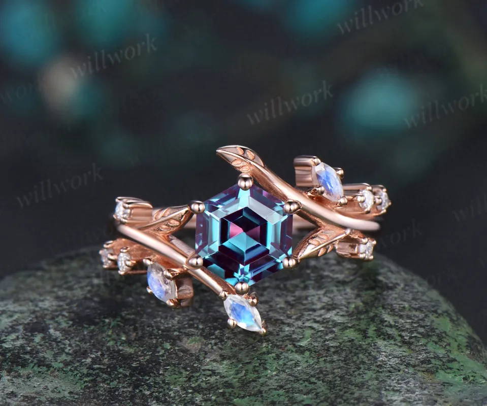 Hexagon cut alexandrite engagement ring rose gold leaf moonstone diamond ring vintage twisted anniversary ring women sold by Willwork Jewelry
