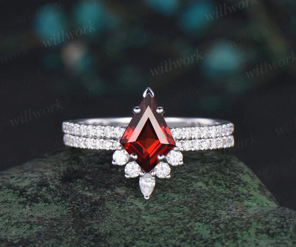Unique kite cut red garnet engagement ring set women solid 14k white gold half eternity diamond bridal anniversary ring set gift sold by Willwork Jewelry