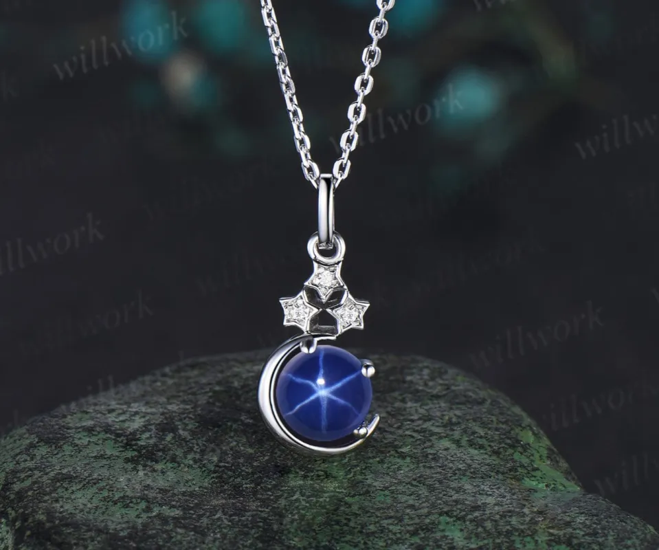 Vintage round blue star sapphire necklace white gold star moon unique diamond pendant women September birthstone anniversary gift sold by Willwork Jewelry