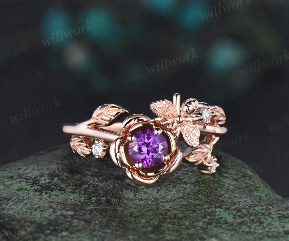 Vintage round cut amethyst engagement ring women solid 14k rose gold leaf honey bee four stone diamond anniversary ring gift sold by Willwork Jewelry
