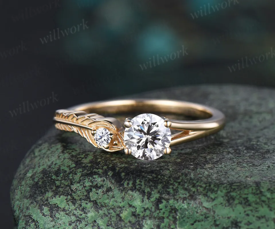 Vintage round cut IGI Lab grown diamond Engagement Ring solid 14k yellow gold Peacock Feather You and me wedding promise ring women gift made by Willwork Jewelry