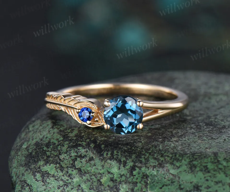 Vintage round cut London blue topaz Engagement Ring solid 14k yellow gold Peacock Feather two stone sapphire Toi et Moi ring women gift made by Willwork Jewelry
