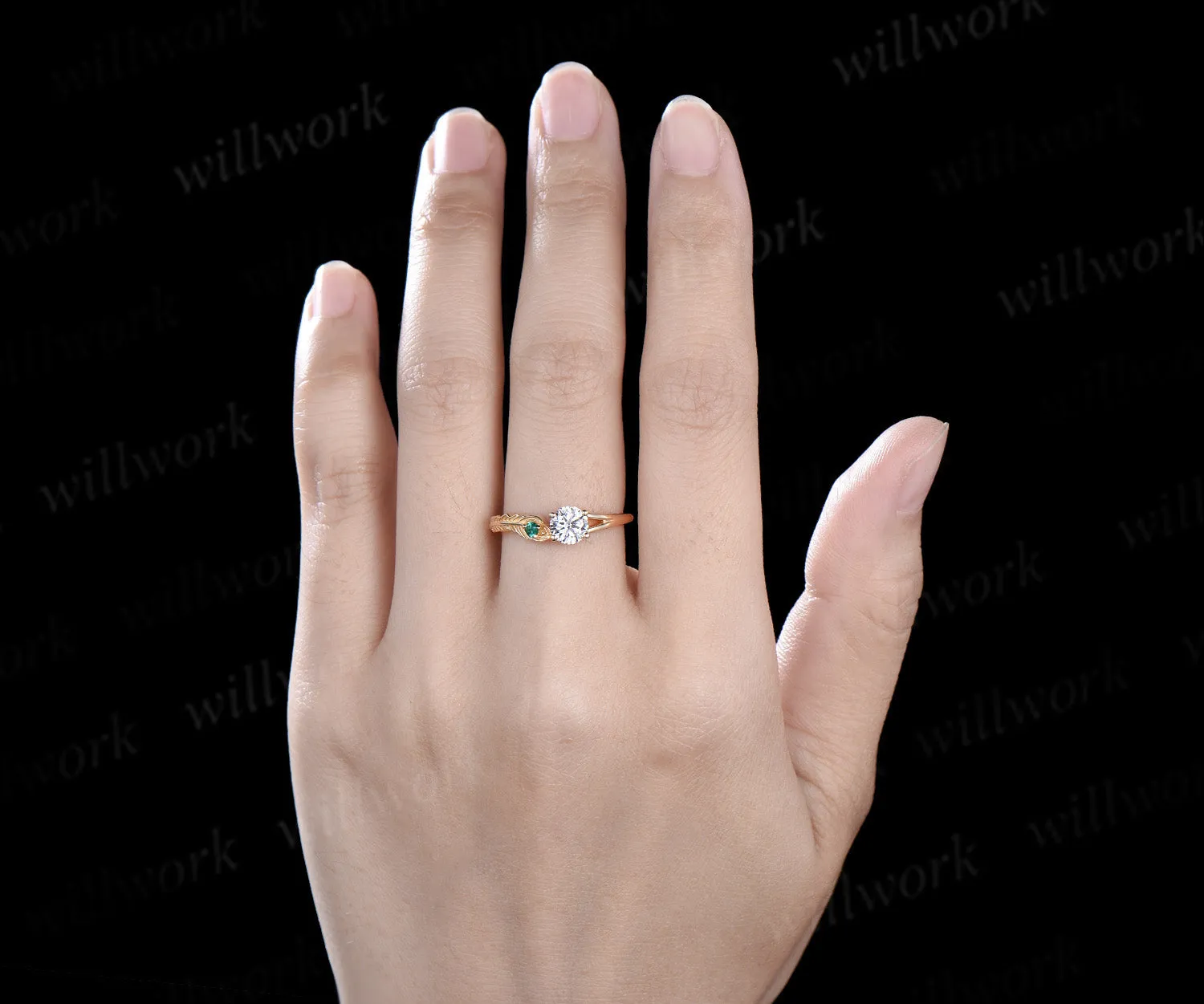 Vintage round cut Moissanite Toi et Moi Ring solid 14k yellow gold Peacock Feather two stone emerald wedding promise ring women gift sold by Willwork Jewelry product image thumbnail 3