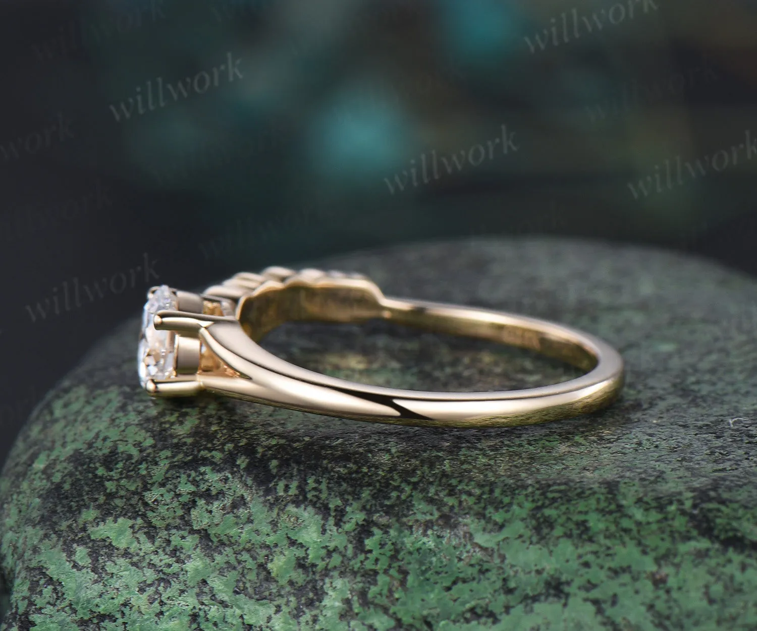 Vintage round cut Moissanite Toi et Moi Ring solid 14k yellow gold Peacock Feather two stone emerald wedding promise ring women gift sold by Willwork Jewelry product image thumbnail 4