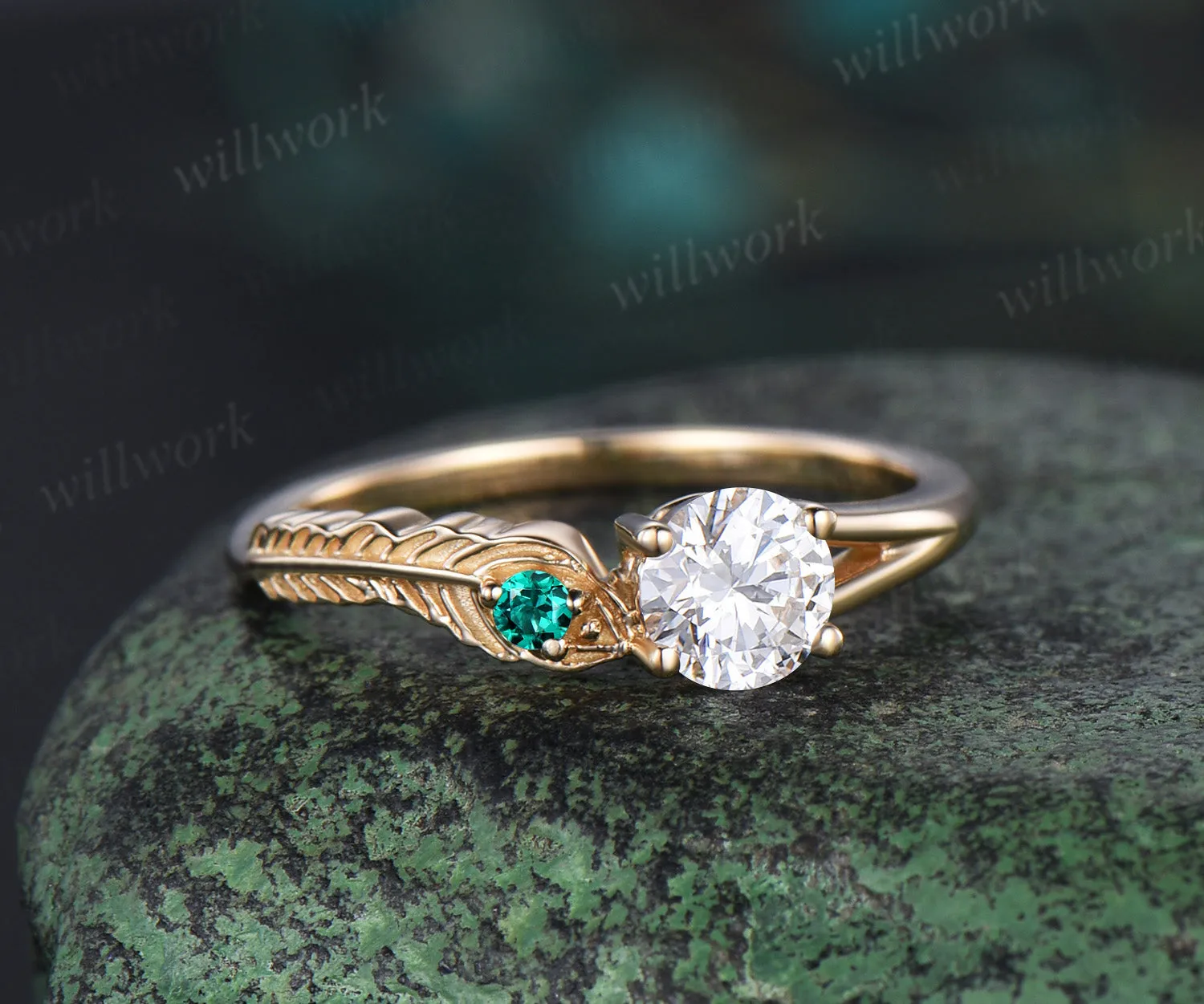 Vintage round cut Moissanite Toi et Moi Ring solid 14k yellow gold Peacock Feather two stone emerald wedding promise ring women gift sold by Willwork Jewelry product image thumbnail 2