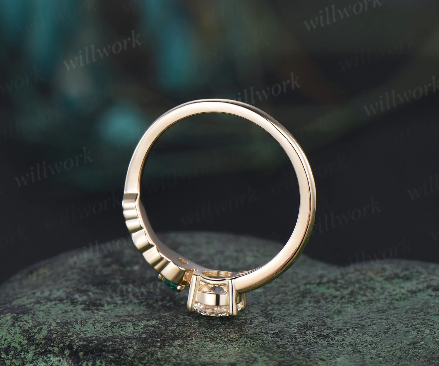 Vintage round cut Moissanite Toi et Moi Ring solid 14k yellow gold Peacock Feather two stone emerald wedding promise ring women gift sold by Willwork Jewelry product image thumbnail 5