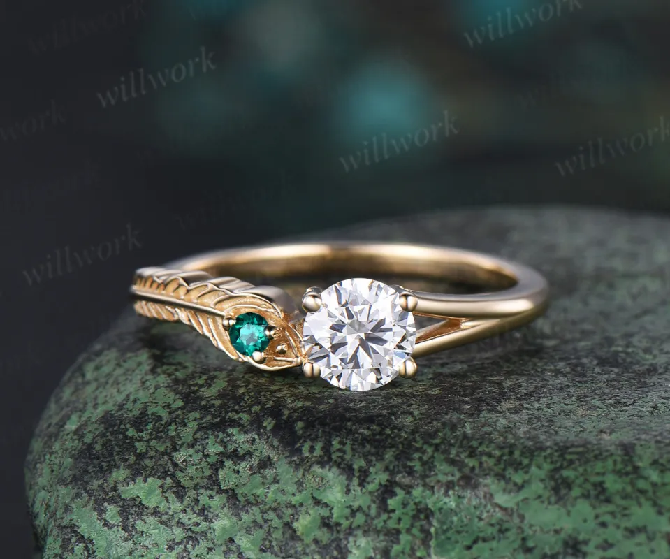 Vintage round cut Moissanite Toi et Moi Ring solid 14k yellow gold Peacock Feather two stone emerald wedding promise ring women gift sold by Willwork Jewelry