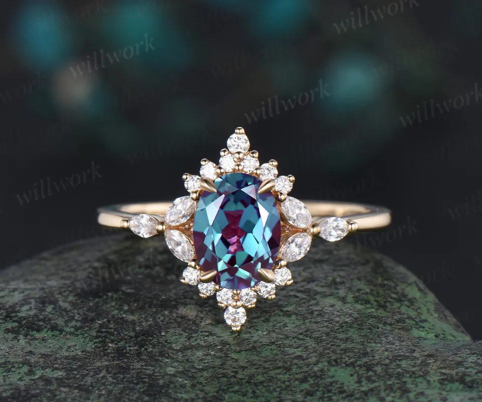Vintage oval cut alexandrite engagement ring solid 14k yellow gold halo marquise diamond wedding promise ring women sold by Willwork Jewelry