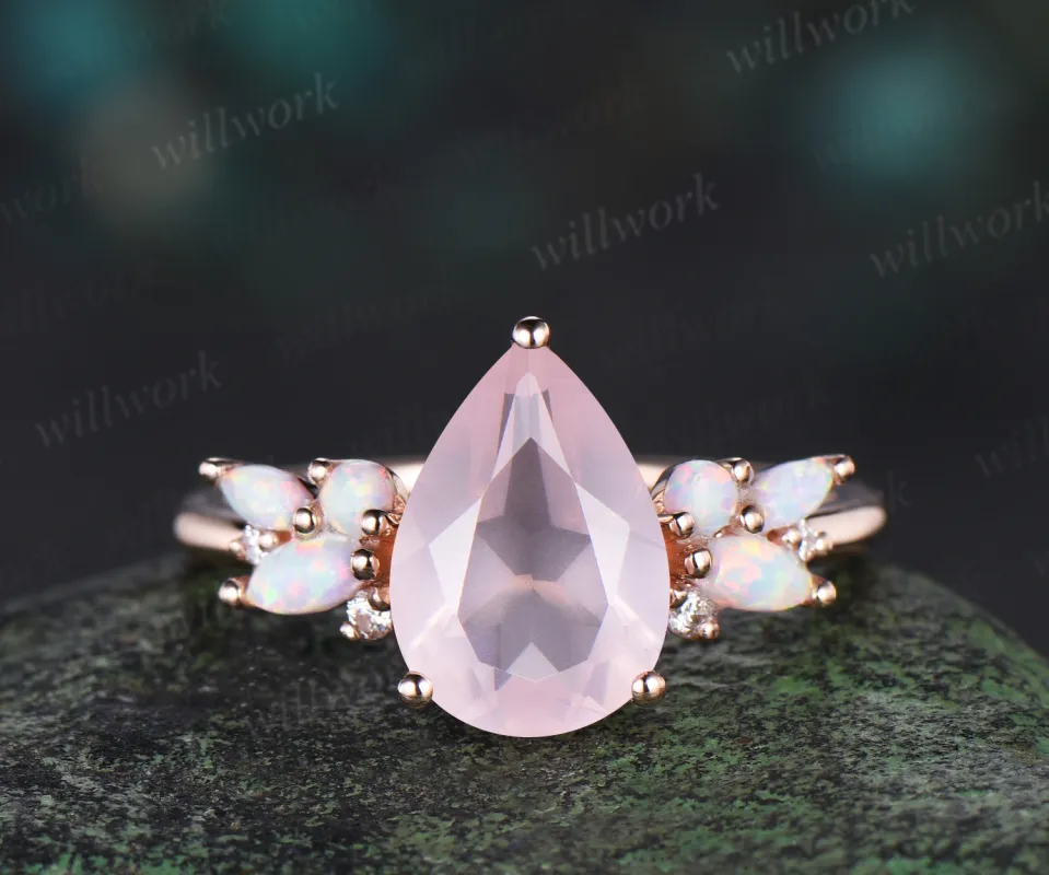 Pear shaped rose quartz engagement ring rose gold cluster opal ring women pink gemstone anniversary ring gift sold by Willwork Jewelry