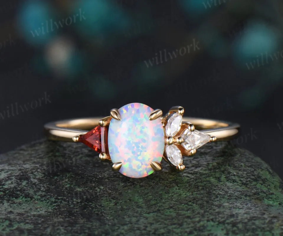 Oval white opal ring vintage yellow gold Trillion cut garnet kite moissanite ring women cluster unique engagement ring gift sold by Willwork Jewelry
