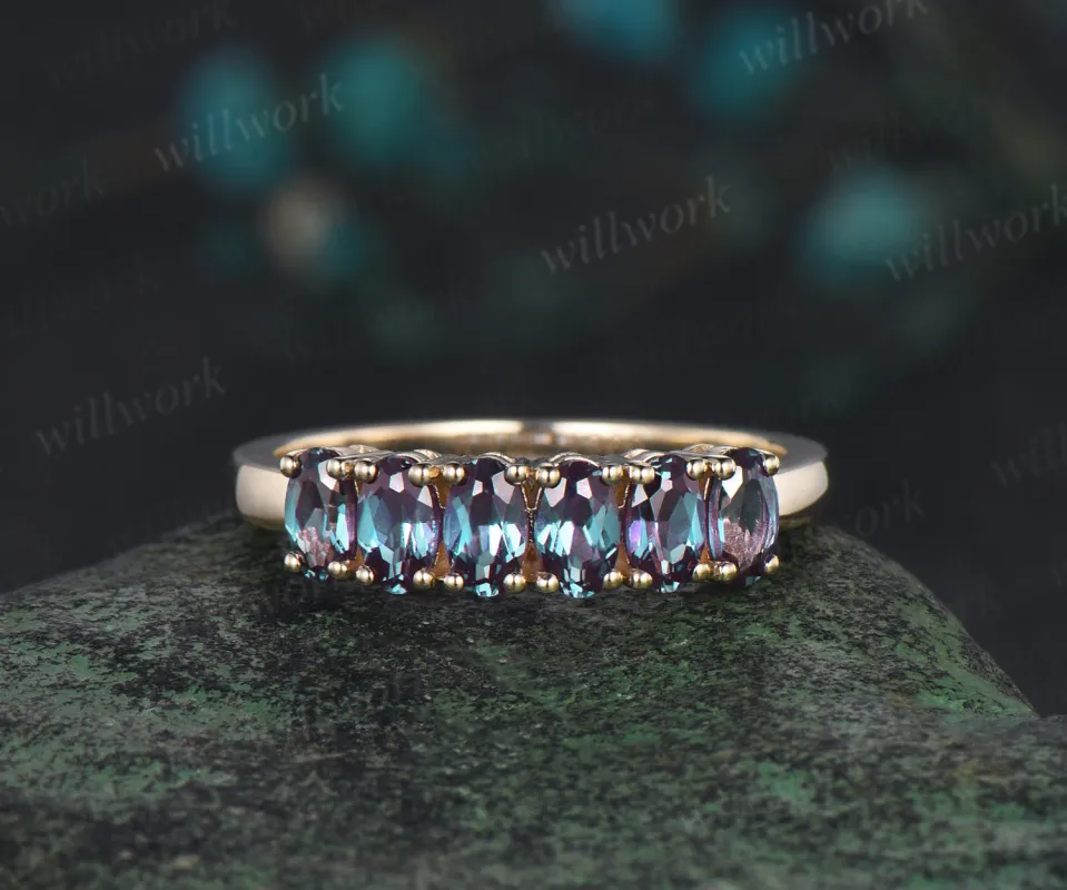Oval cut alexandrite ring solid 14k yellow gold 6 stone birthday gift wedding band Multi-Stone Rings anniversary ring women gift sold by Willwork Jewelry