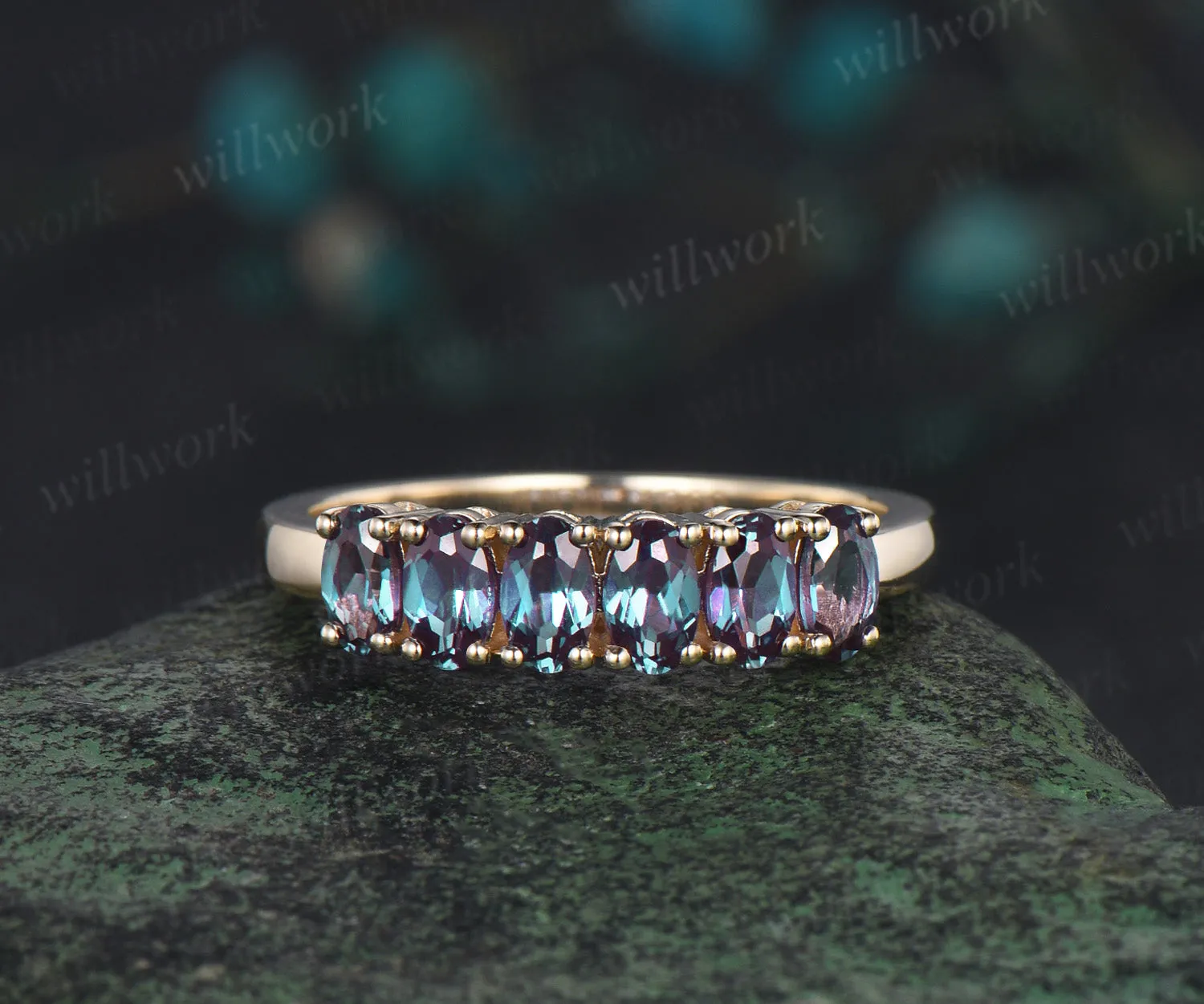 Oval cut alexandrite ring solid 14k yellow gold 6 stone birthday gift wedding band Multi-Stone Rings anniversary ring women gift sold by Willwork Jewelry