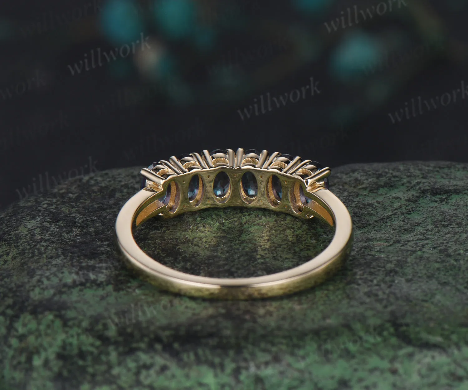 Oval cut alexandrite ring solid 14k yellow gold 6 stone birthday gift wedding band Multi-Stone Rings anniversary ring women gift sold by Willwork Jewelry product image thumbnail 5