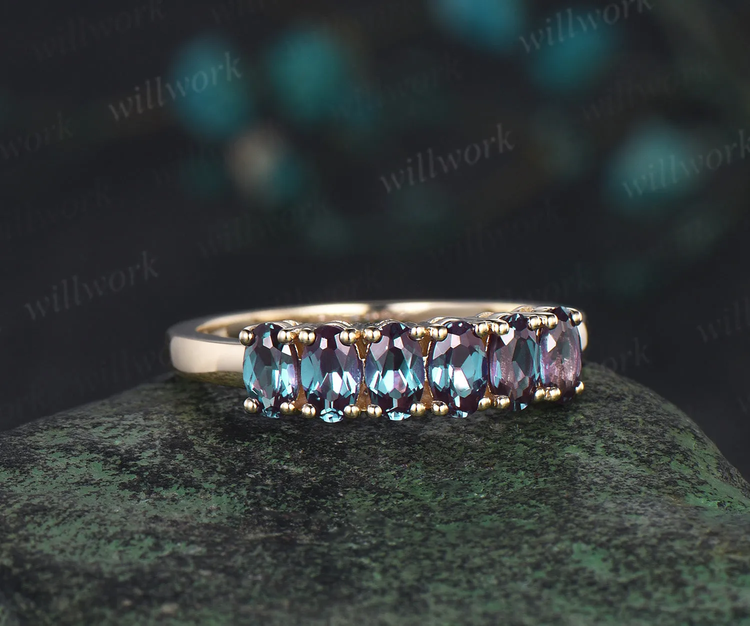 Oval cut alexandrite ring solid 14k yellow gold 6 stone birthday gift wedding band Multi-Stone Rings anniversary ring women gift sold by Willwork Jewelry product image thumbnail 4