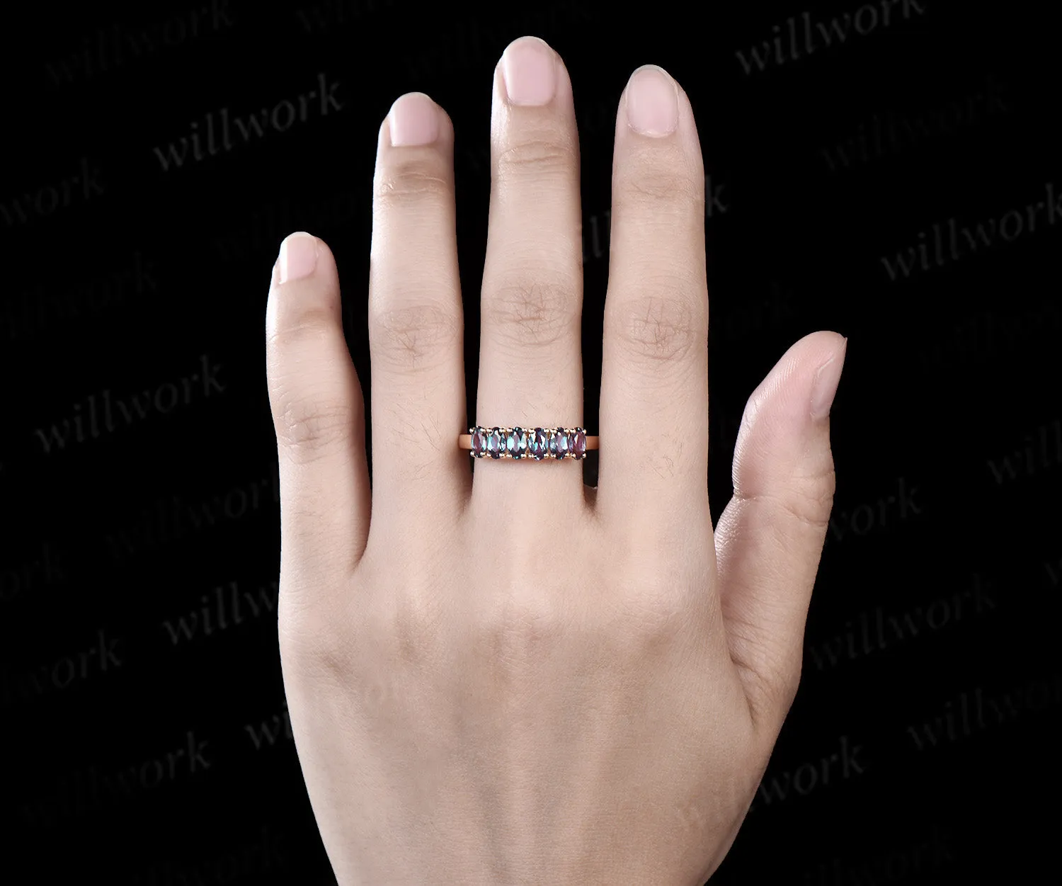 Oval cut alexandrite ring solid 14k yellow gold 6 stone birthday gift wedding band Multi-Stone Rings anniversary ring women gift sold by Willwork Jewelry product image thumbnail 3