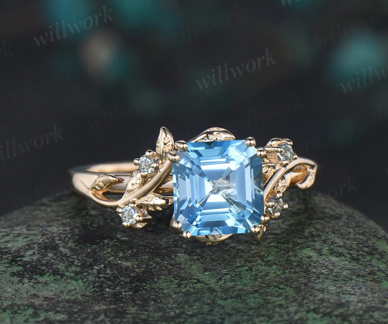 Asscher cut Swiss Blue topaz ring vintage yellow gold leaf nature inspired five stone unique engagement ring women gemstone gift sold by Willwork Jewelry