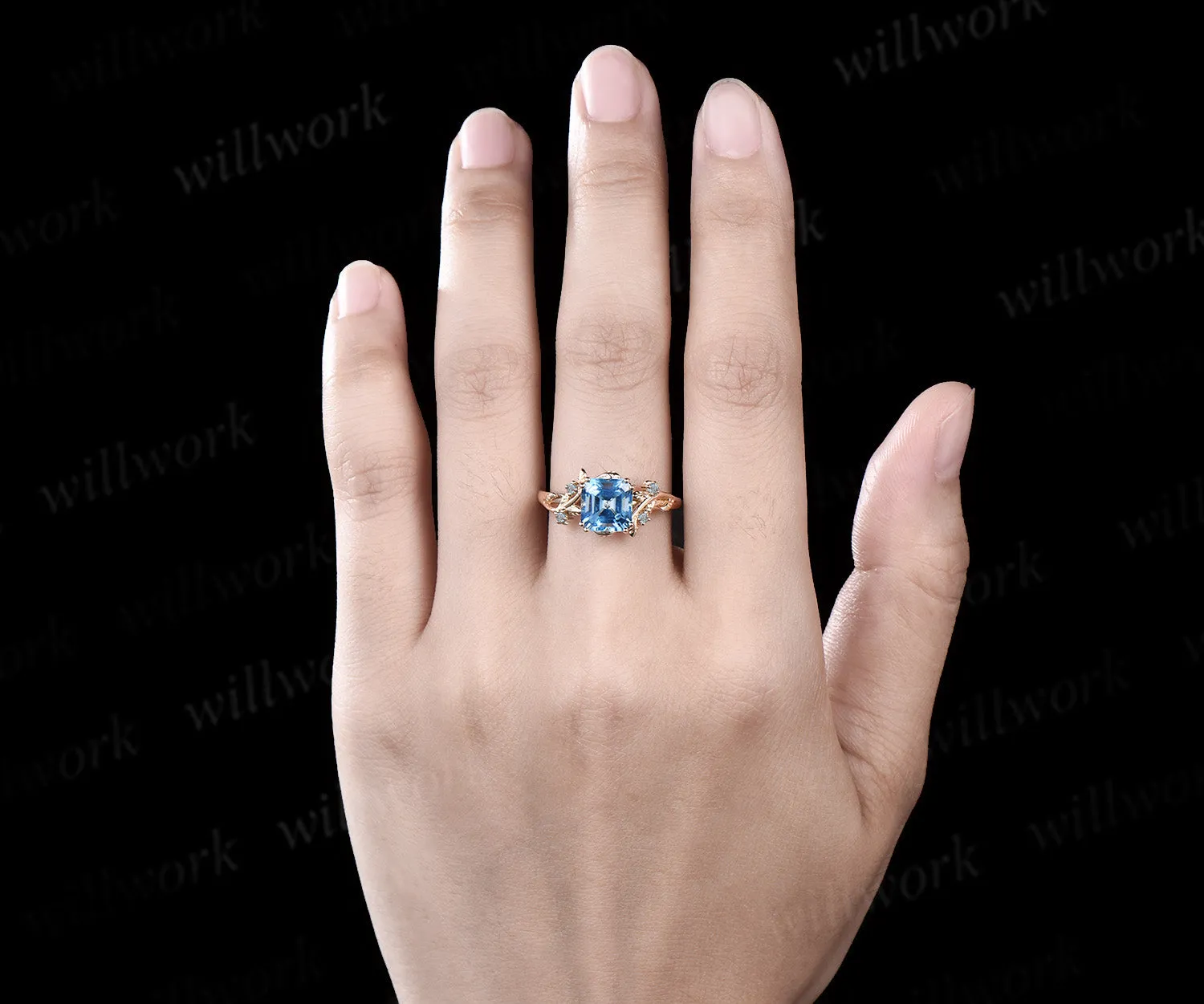 Asscher cut Swiss Blue topaz ring vintage yellow gold leaf nature inspired five stone unique engagement ring women gemstone gift sold by Willwork Jewelry product image thumbnail 3