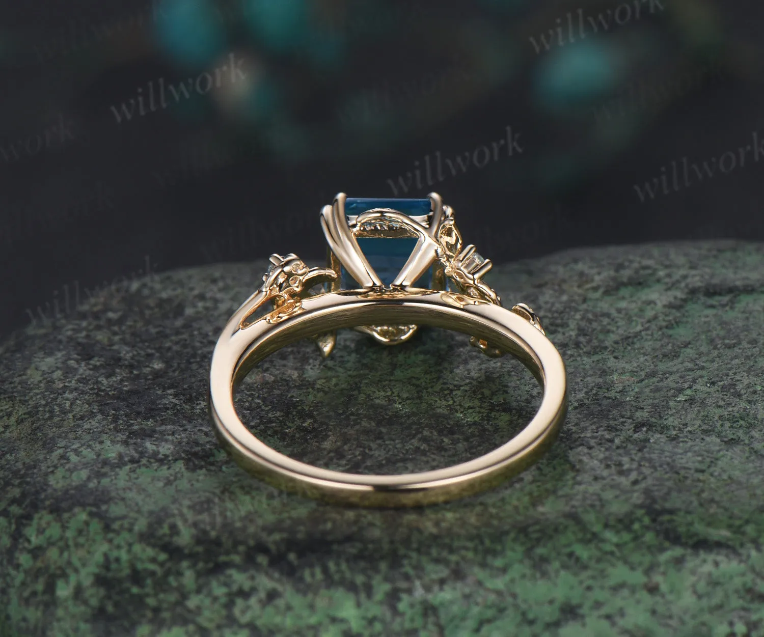 Asscher cut Swiss Blue topaz ring vintage yellow gold leaf nature inspired five stone unique engagement ring women gemstone gift sold by Willwork Jewelry product image thumbnail 4