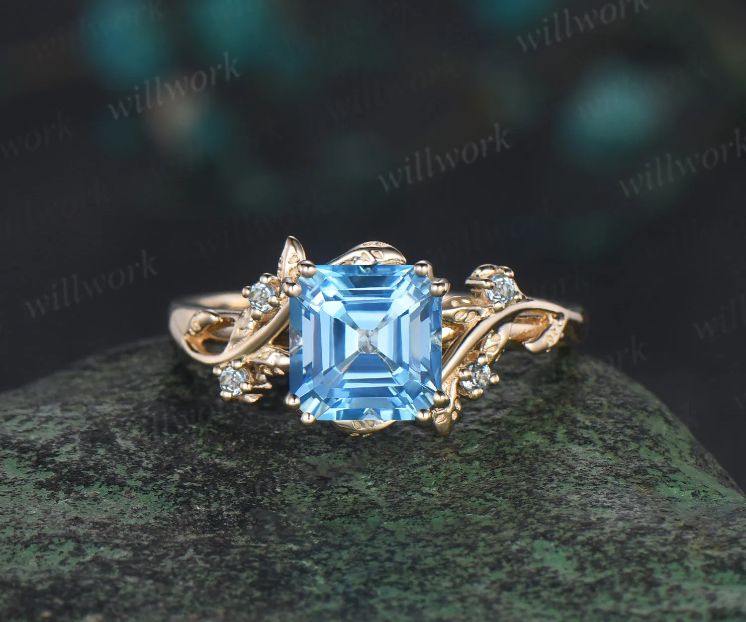 Asscher cut Swiss Blue topaz ring vintage yellow gold leaf nature inspired five stone unique engagement ring women gemstone gift sold by Willwork Jewelry product image thumbnail 2
