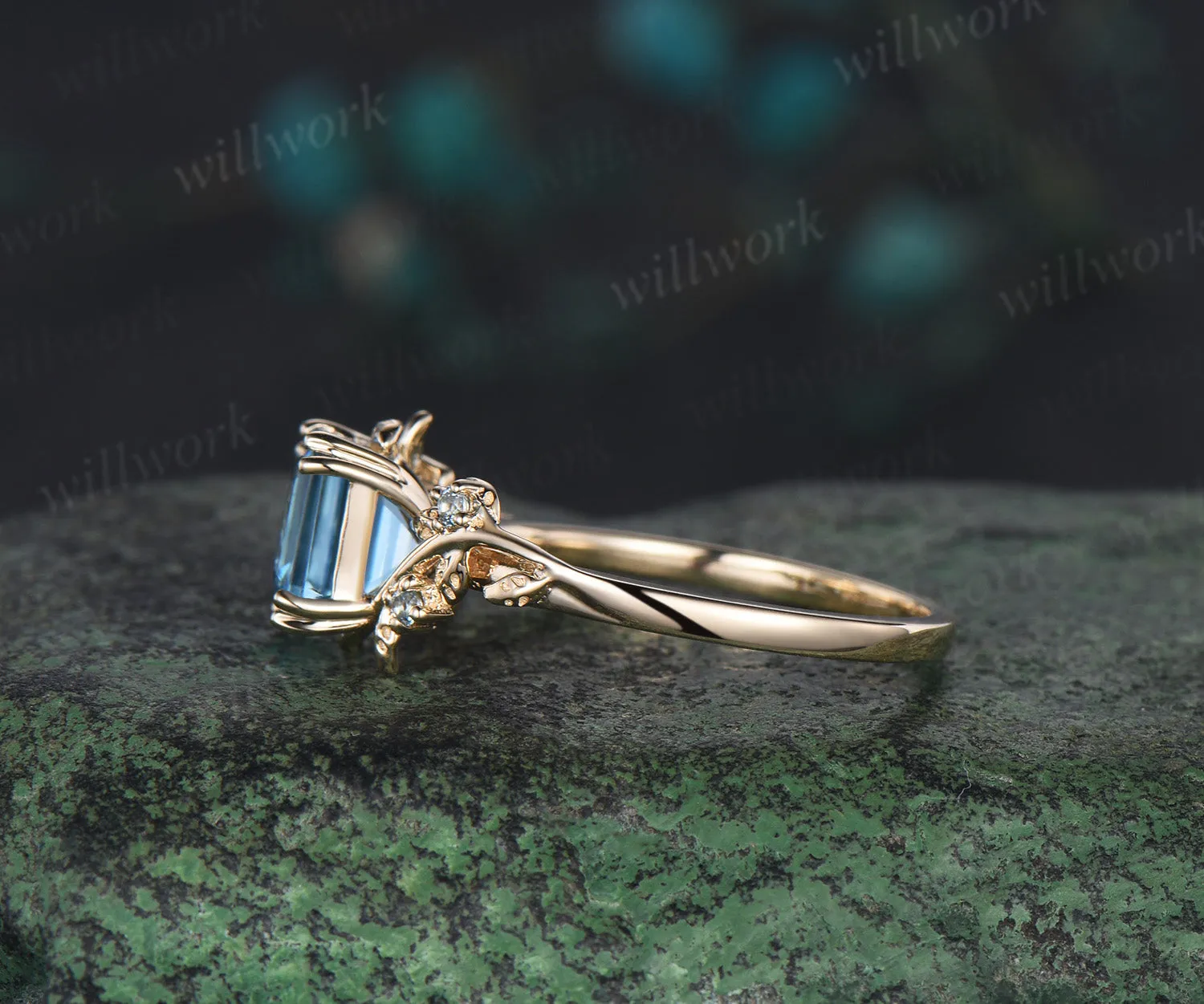 Asscher cut Swiss Blue topaz ring vintage yellow gold leaf nature inspired five stone unique engagement ring women gemstone gift sold by Willwork Jewelry product image thumbnail 5