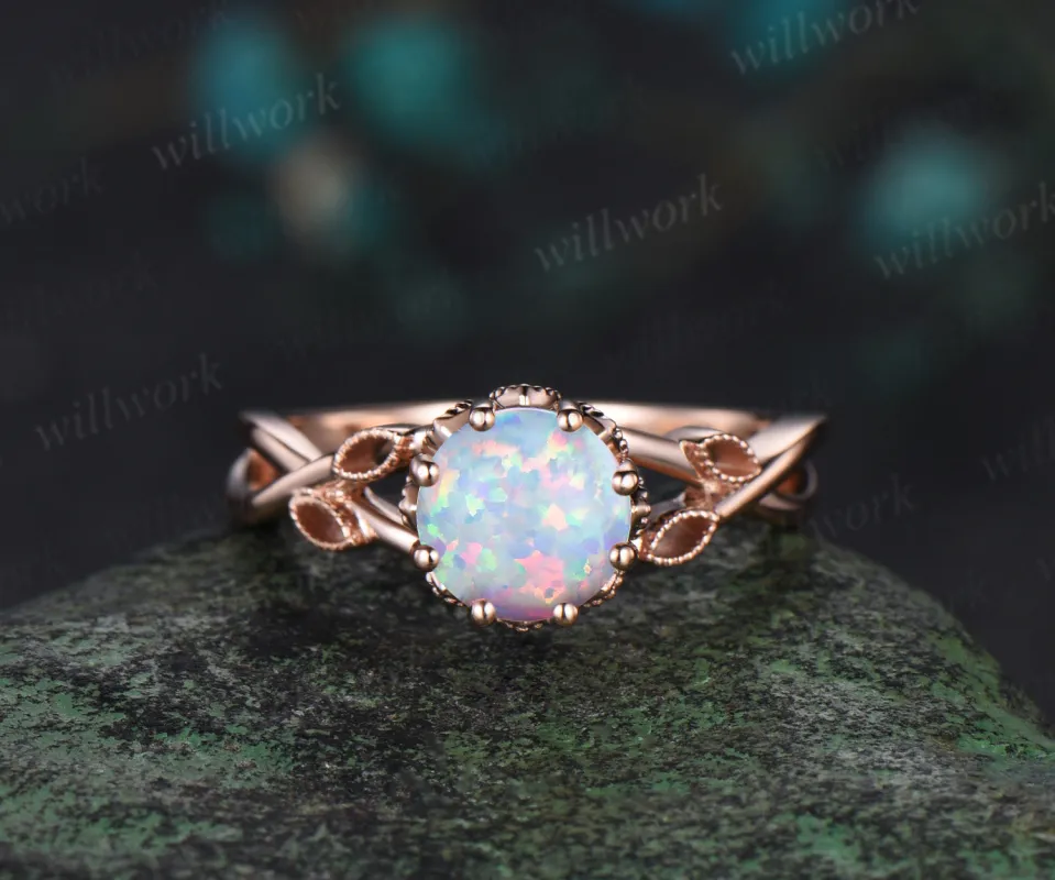 Vintage round white opal engagement ring solid 14k rose gold infinity marquise leaf under halo diamond wedding ring set women sold by Willwork Jewelry
