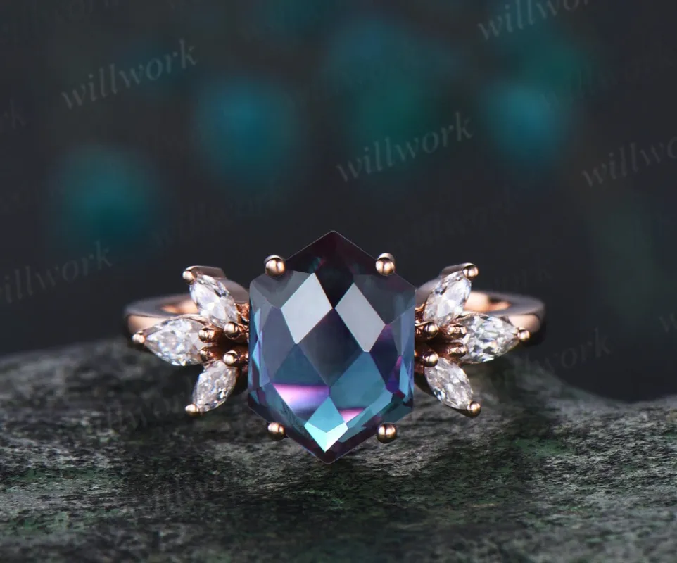 Long hexagon Briolette cut alexandrite engagement ring women solid 14k rose gold cluster diamond wedding promise anniversary ring gift made by Willwork Jewelry