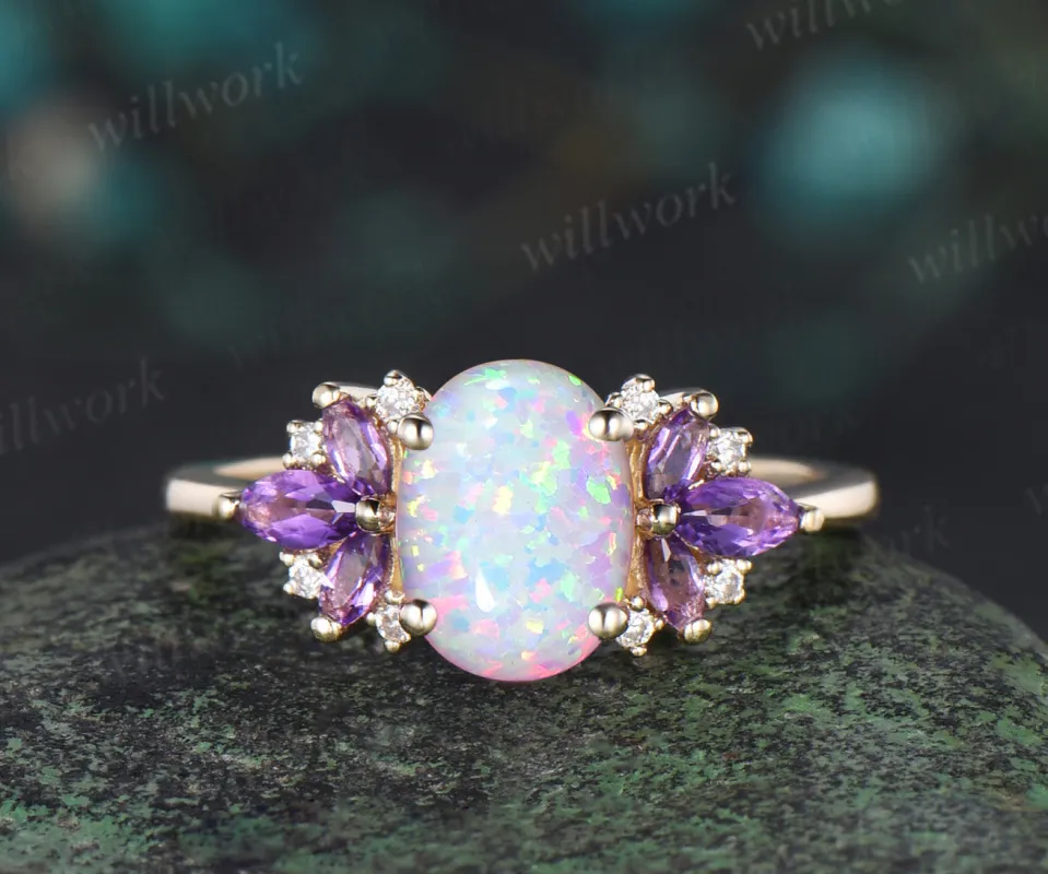 Oval white opal engagement ring solid 14k yellow gold cluster butterfly diamond amethyst Crystal wedding anniversary ring gift sold by Willwork Jewelry