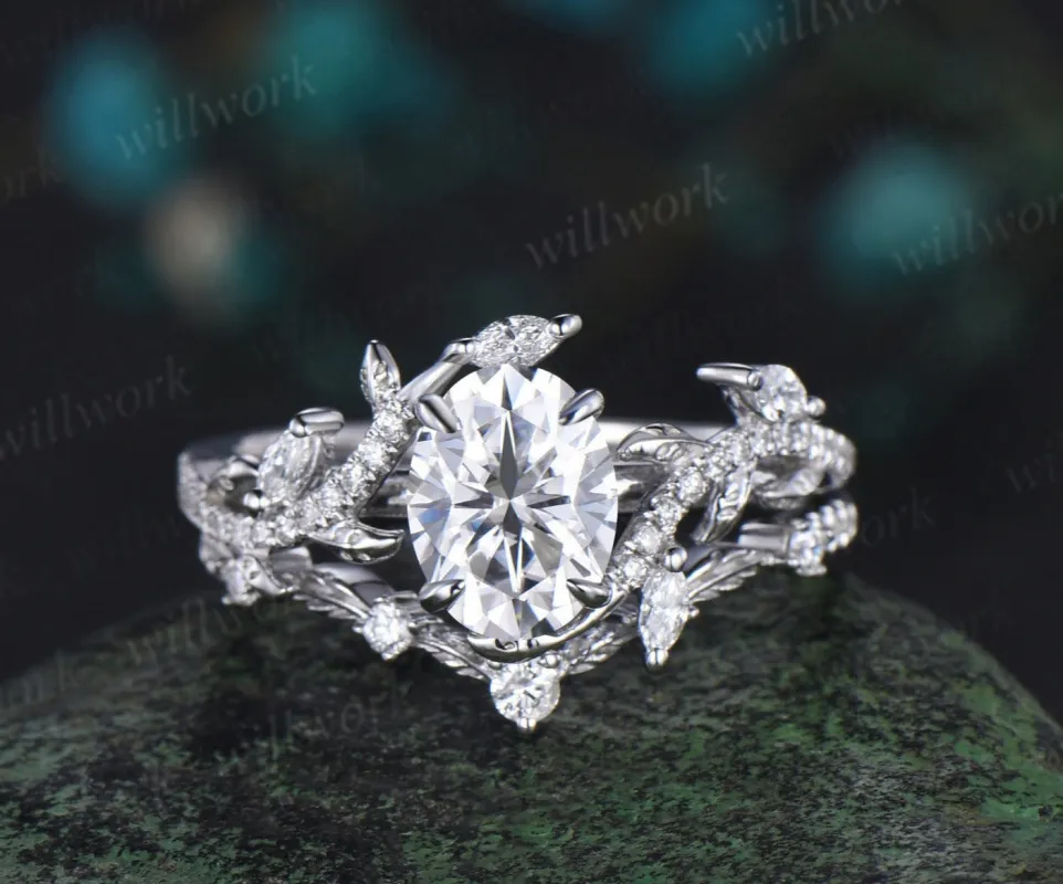 Vintage oval cut moissanite engagement ring 14k white gold leaf nature inspired half eternity diamond bridal wedding ring set women sold by Willwork Jewelry