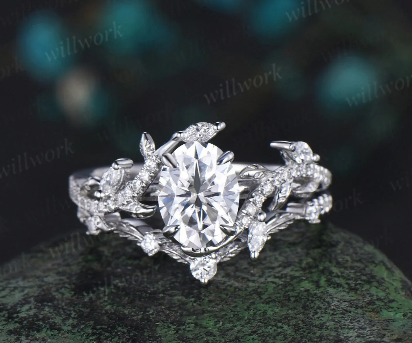 Vintage oval cut moissanite engagement ring 14k white gold leaf nature inspired half eternity diamond bridal wedding ring set women sold by Willwork Jewelry