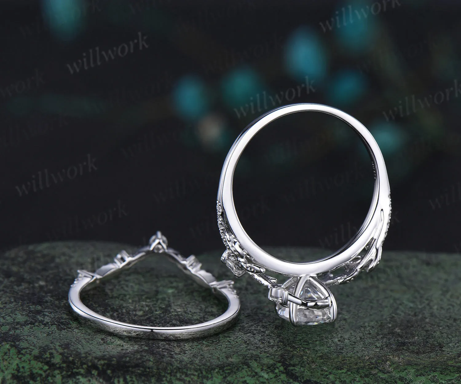 Vintage oval cut moissanite engagement ring 14k white gold leaf nature inspired half eternity diamond bridal wedding ring set women sold by Willwork Jewelry product image thumbnail 5