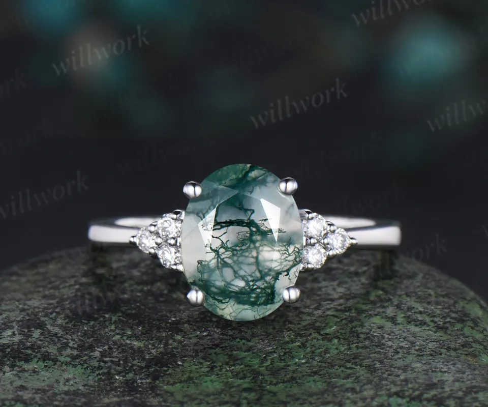 2ct Oval cut moss agate engagement ring women vintage white gold 7 stone diamond wedding anniversary ring gift sold by Willwork Jewelry