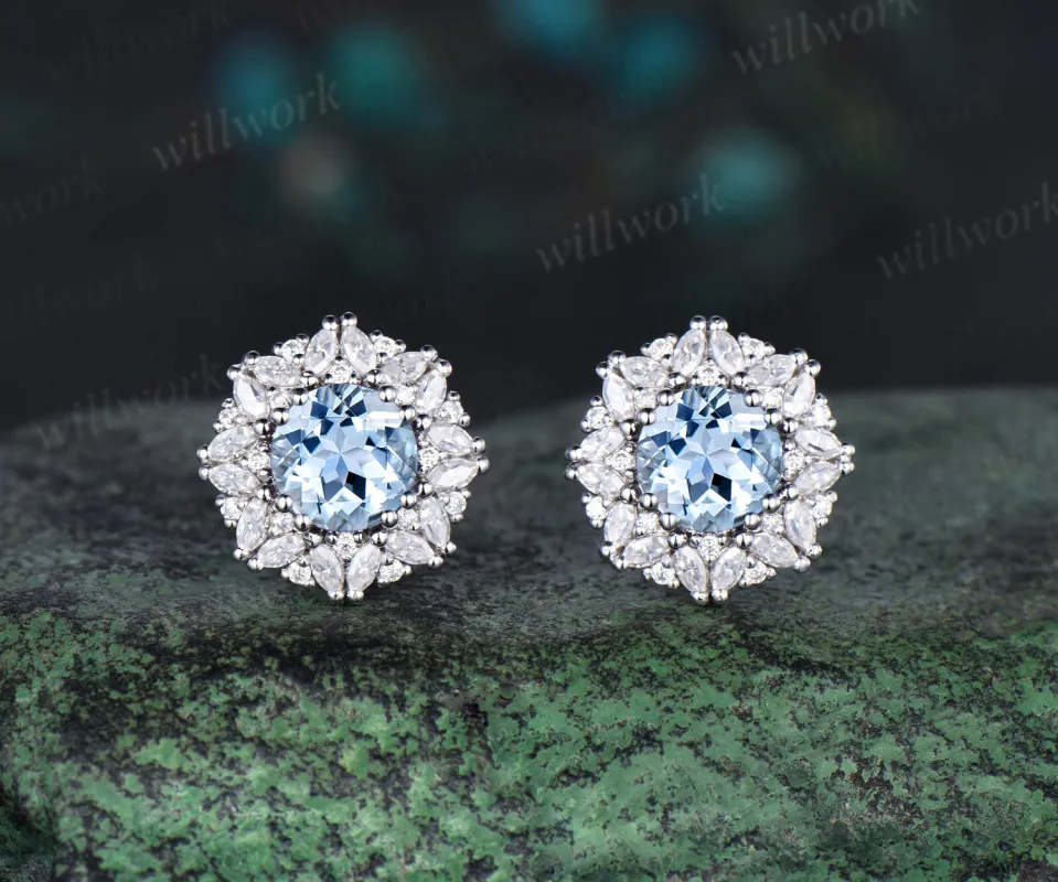 Vintage round cut aquamarine Earrings women solid 14k white gold 8 prong double halo marquise moissanite Stud Earrings Anniversary Gift sold by Willwork Jewelry
