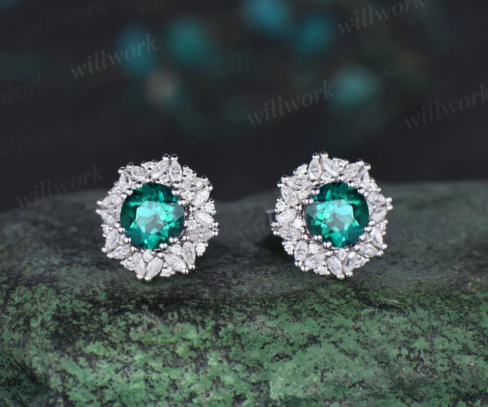 Vintage round cut green emerald Earrings women solid 14k white gold 8 prong double halo marquise moissanite Stud Earrings Anniversary Gift sold by Willwork Jewelry