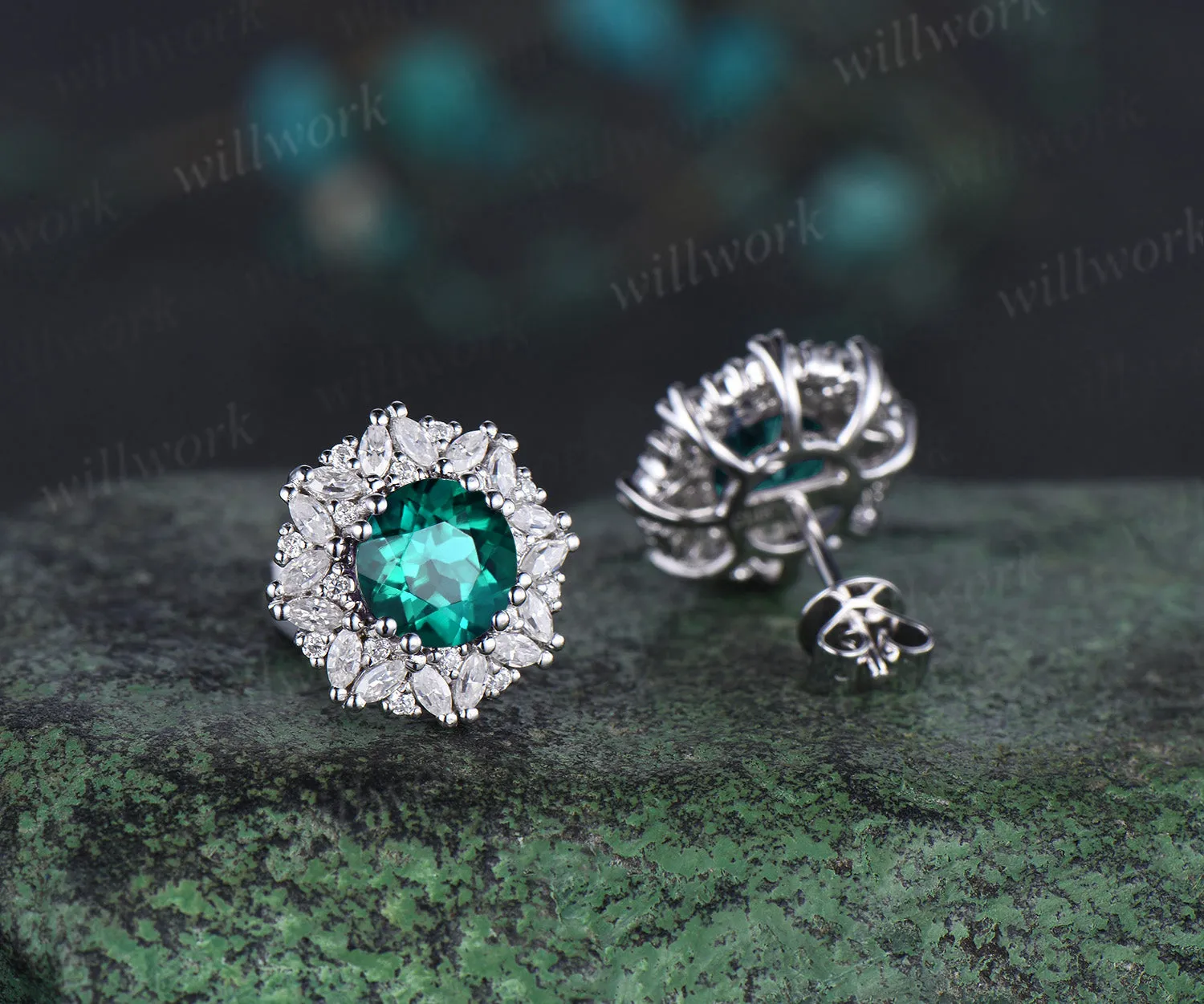 Vintage round cut green emerald Earrings women solid 14k white gold 8 prong double halo marquise moissanite Stud Earrings Anniversary Gift sold by Willwork Jewelry product image thumbnail 4