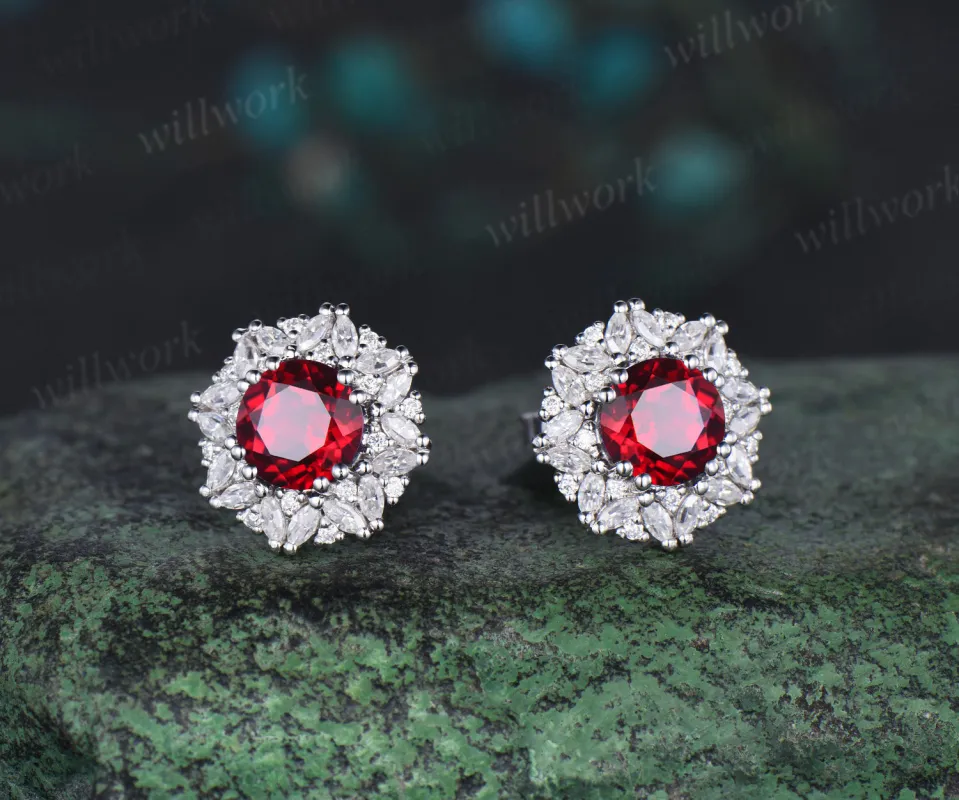 Vintage round cut red ruby Earrings women solid 14k white gold 8 prong double halo marquise moissanite Stud Earrings Anniversary Gift sold by Willwork Jewelry
