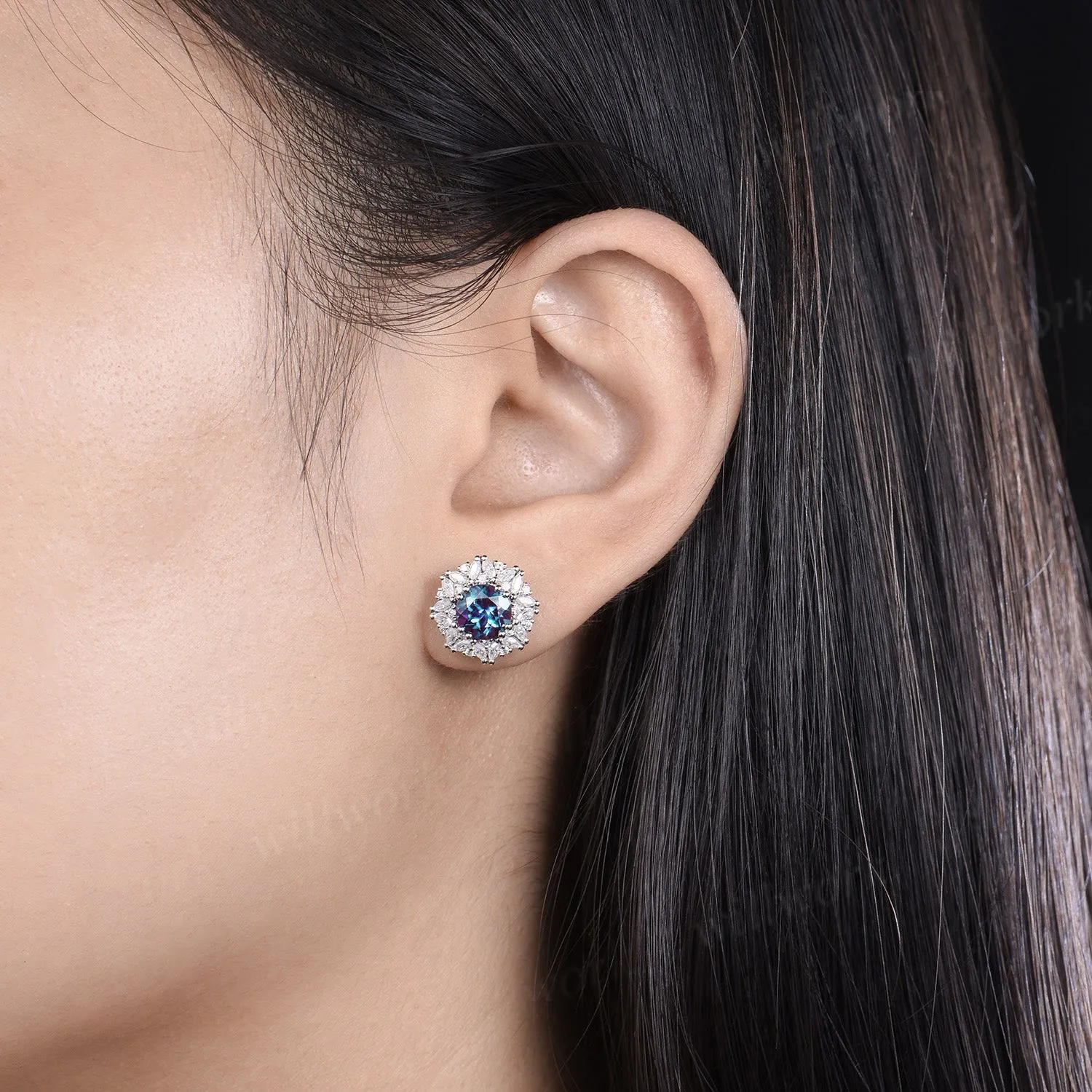 Vintage round cut Alexandrite Earrings women solid 14k white gold 8 prong double halo marquise moissanite Stud Earrings Anniversary Gift sold by Willwork Jewelry product image thumbnail 3