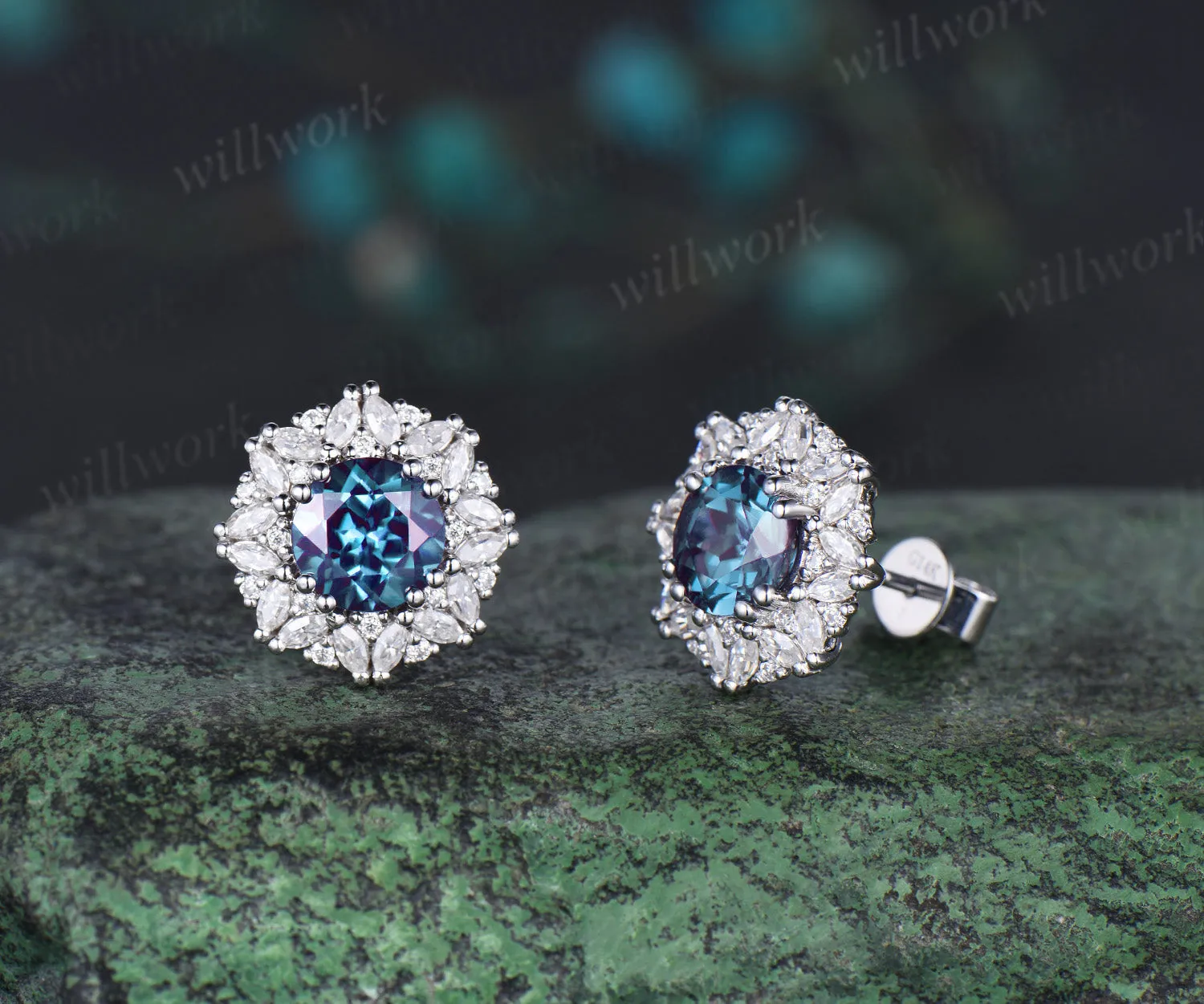 Vintage round cut Alexandrite Earrings women solid 14k white gold 8 prong double halo marquise moissanite Stud Earrings Anniversary Gift sold by Willwork Jewelry product image thumbnail 4