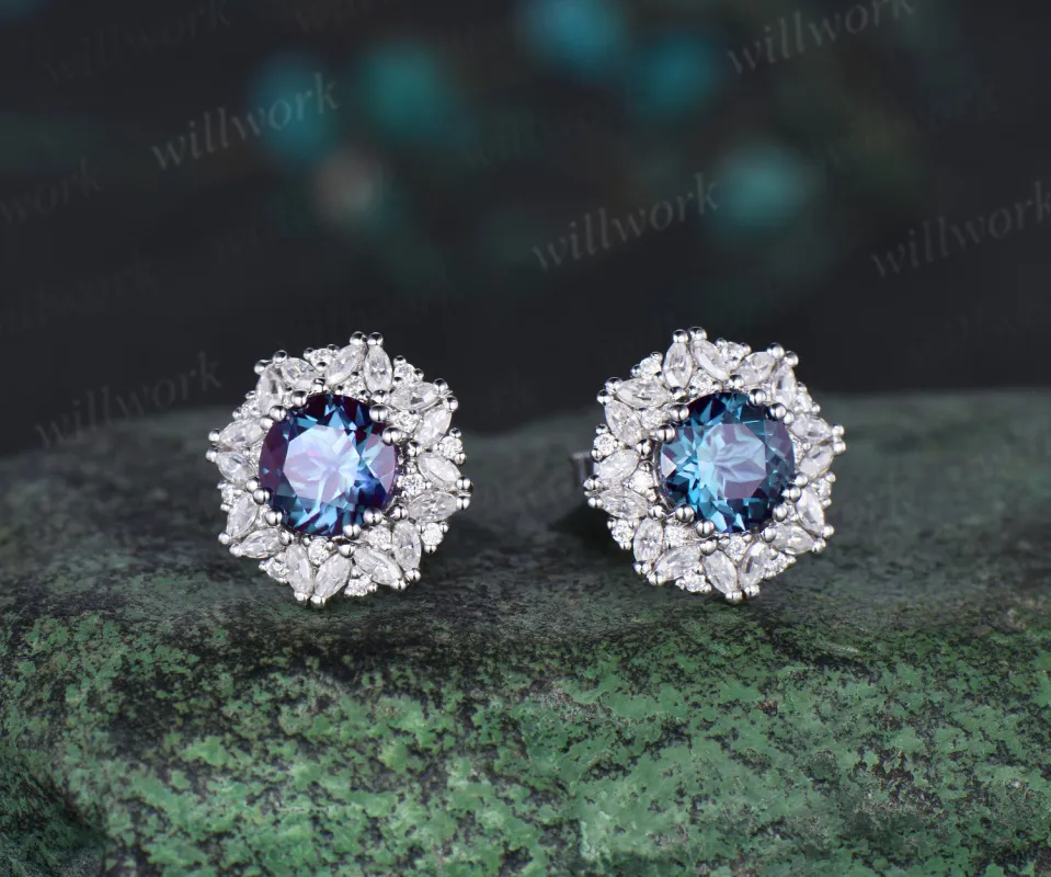 Vintage round cut Alexandrite Earrings women solid 14k white gold 8 prong double halo marquise moissanite Stud Earrings Anniversary Gift sold by Willwork Jewelry