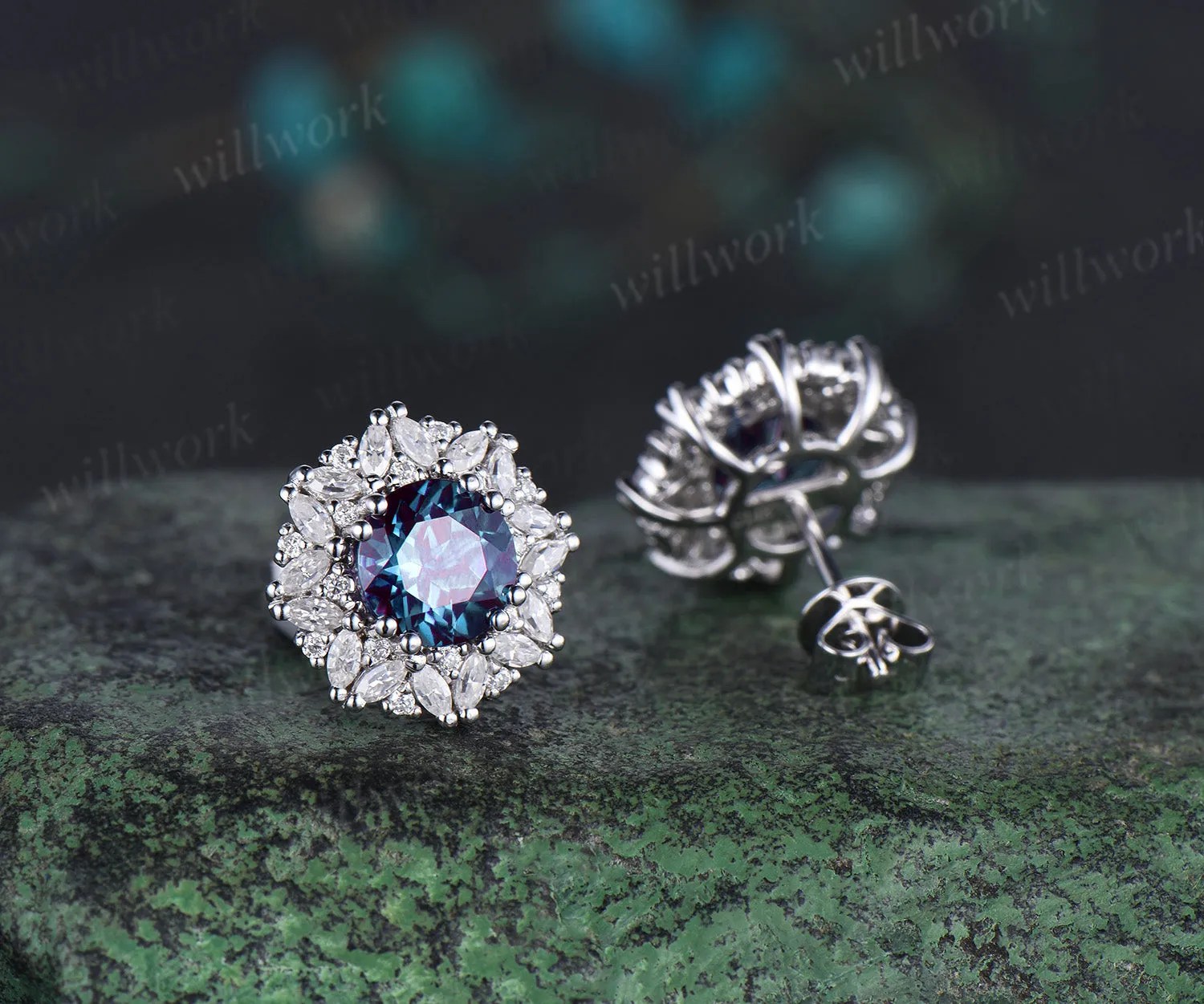 Vintage round cut Alexandrite Earrings women solid 14k white gold 8 prong double halo marquise moissanite Stud Earrings Anniversary Gift sold by Willwork Jewelry product image thumbnail 5