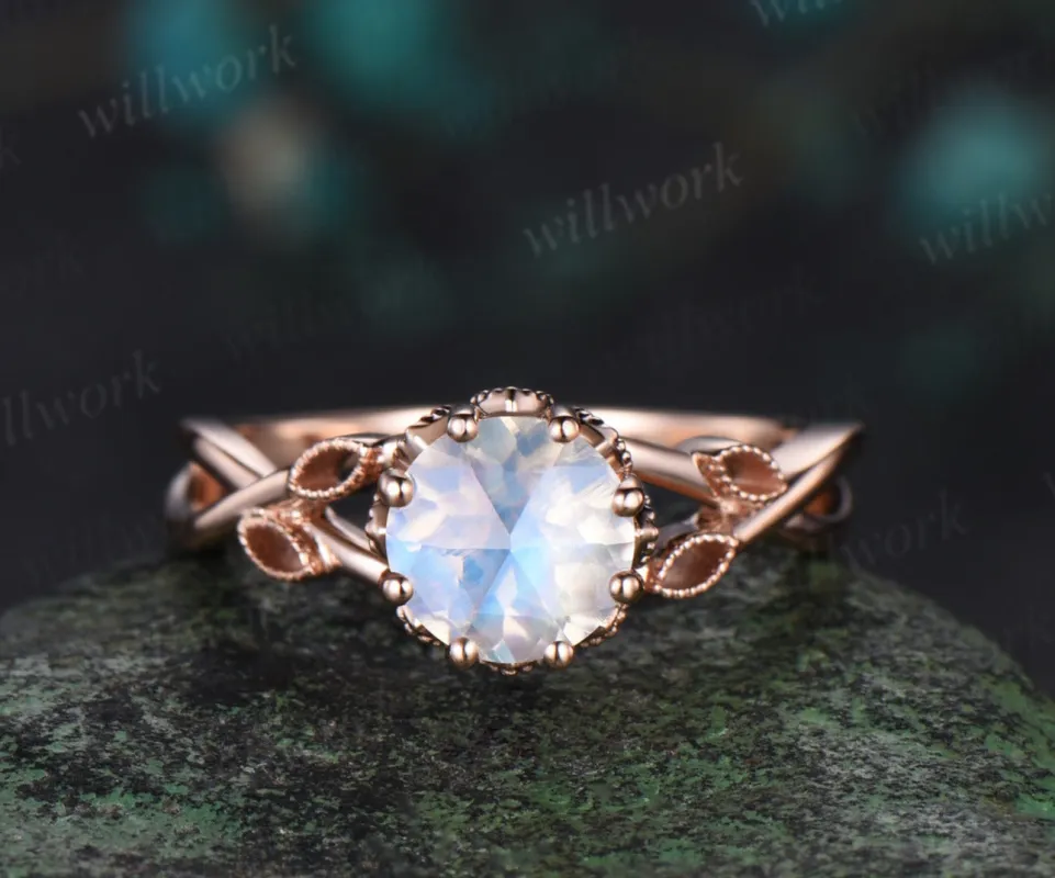Vintage round rose cut moonstone engagement ring solid 14k rose gold infinity marquise leaf diamond wedding ring set women sold by Willwork Jewelry