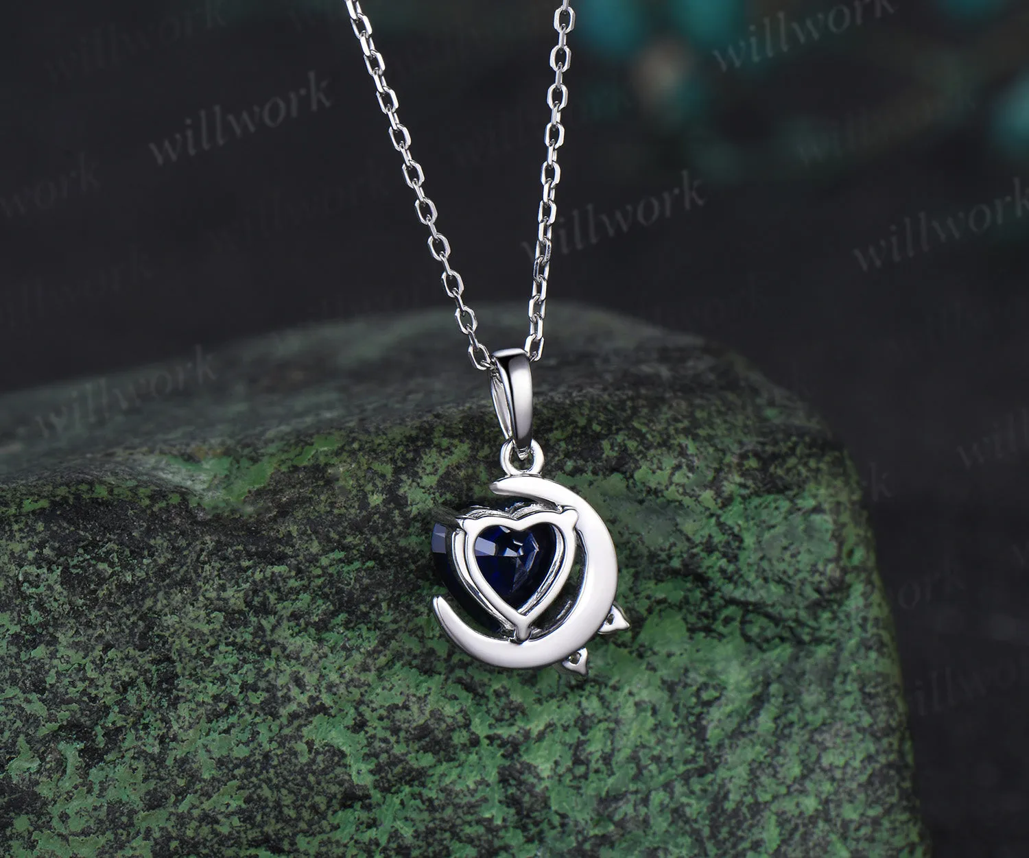Vintage heart shaped blue sapphire necklace white gold cluster moon snowdrift diamond pendant women September birthstone anniversary gift sold by Willwork Jewelry product image thumbnail 5