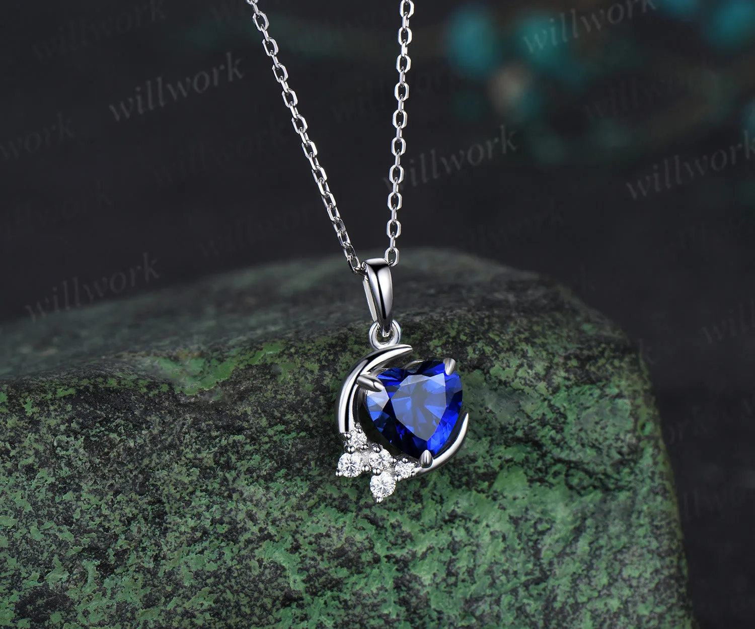 Vintage heart shaped blue sapphire necklace white gold cluster moon snowdrift diamond pendant women September birthstone anniversary gift sold by Willwork Jewelry product image thumbnail 2