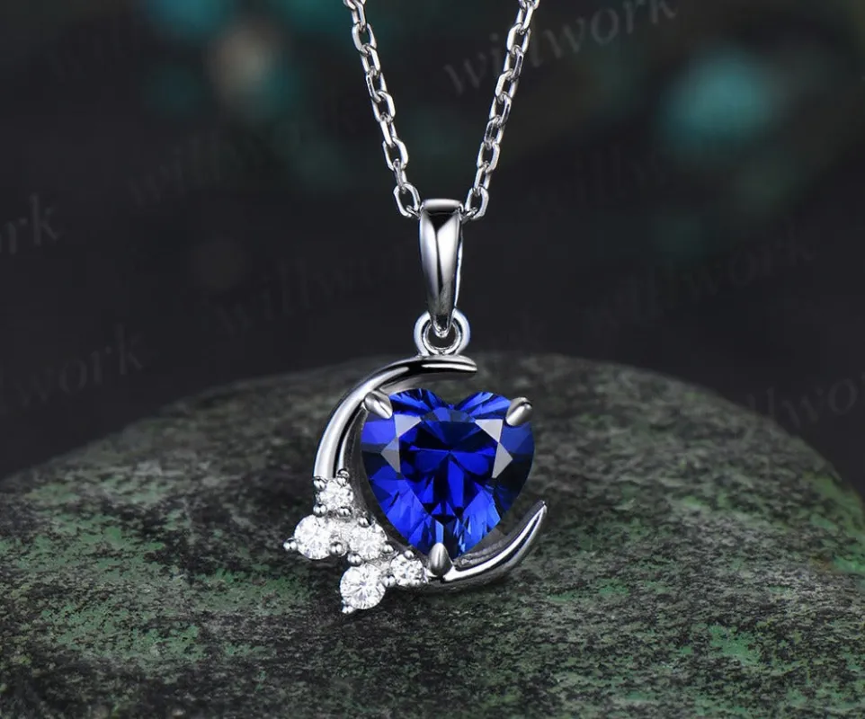 Vintage heart shaped blue sapphire necklace white gold cluster moon snowdrift diamond pendant women September birthstone anniversary gift sold by Willwork Jewelry